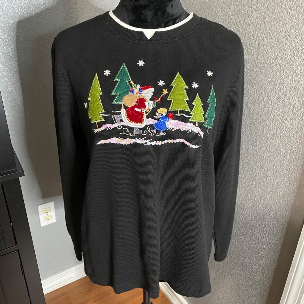 White Stag Christmas Sweatshirt M Santa Trees Black Embroidered Sequins Holiday